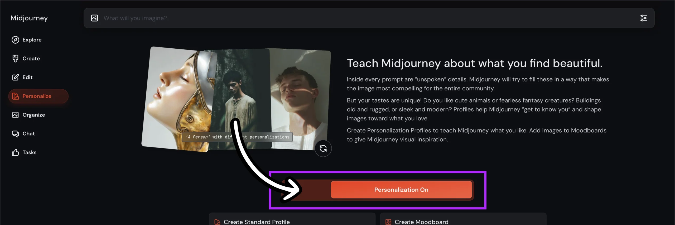 Personalization button on Midjounrey.com's Personalize page